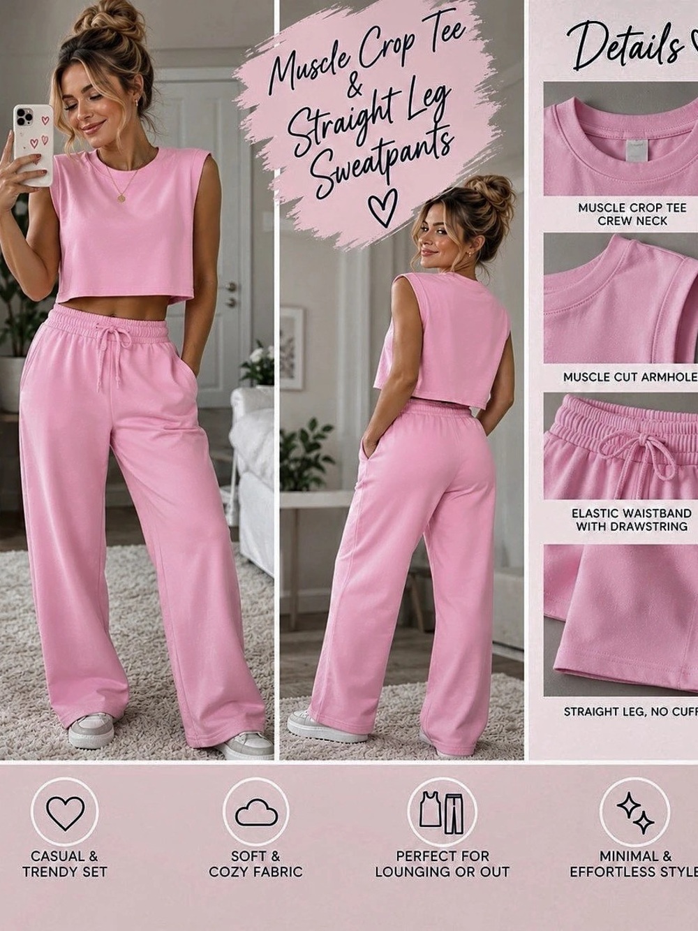Pink Crop Top & Wide-Leg Pants Set Like New